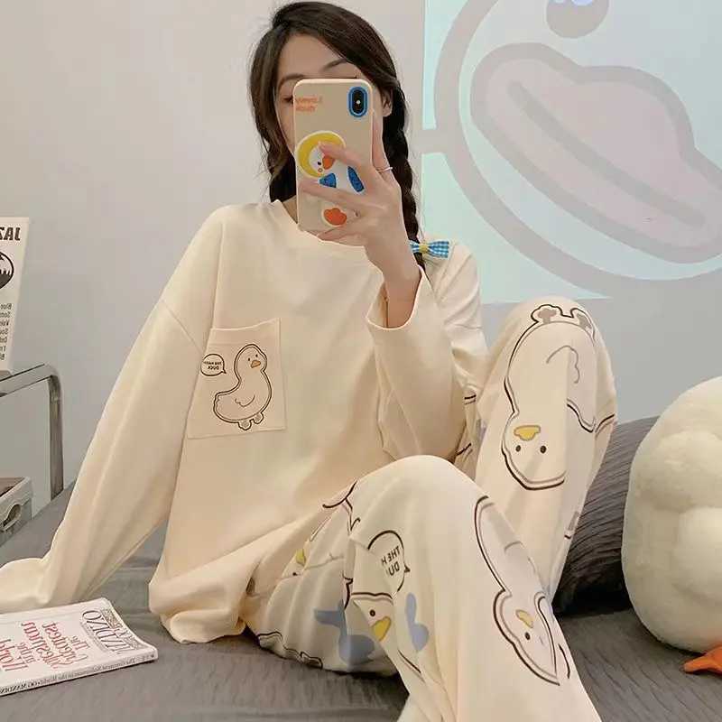 New Womens Pajamas Homewear Suit Womens Spring and Autumn Models Long-Sleeved Autumn and Winter Homewear Large Size Loose SuitX2409
