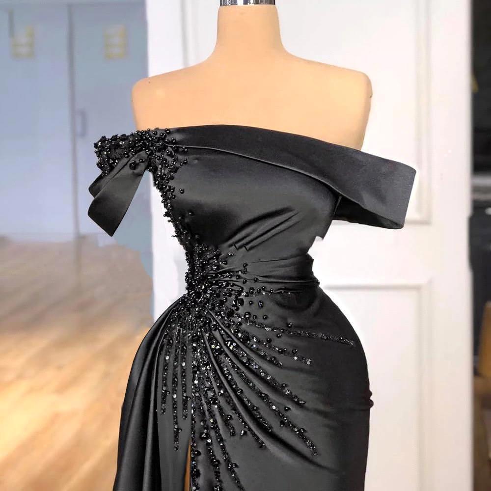 Popular Black Women Evening Dresses Elegant Off Shoulder Beads Pearls Arabic Dubai Party Formal Occasion Gowns Prom Robes With Corset Back BM3217 0911