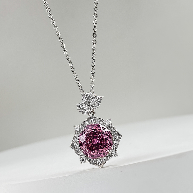 Sterg Sier Rose wer Pendant Necklace, Real Moissanite Dia Amethyst, Jewelry for Women