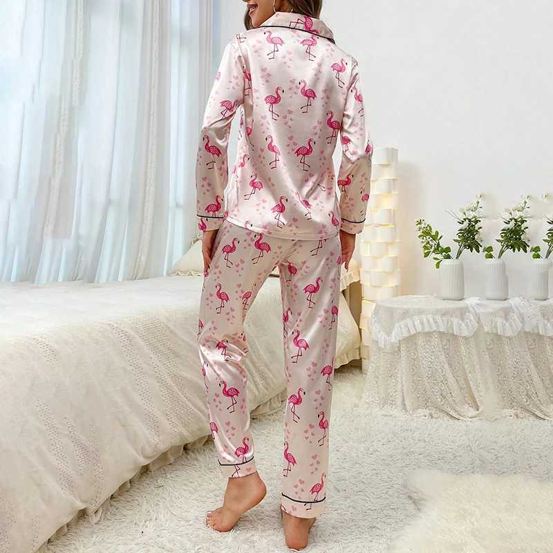 Womens Satin Pajamas Flamingo Print Pyjama Femme Casual Home Clothing Autumn Lapel Collar Button Tops Pants Sleepwear 2 PieceX240910
