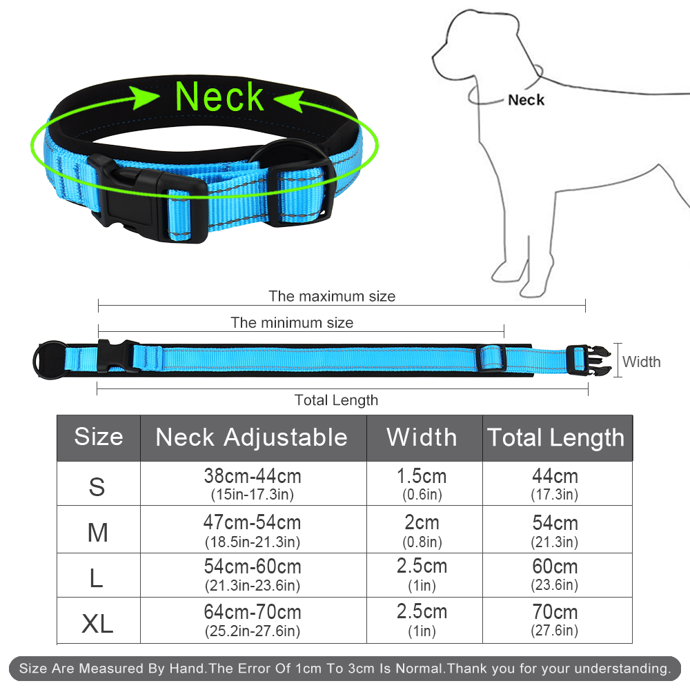 Nylon Dog Collar, Adjustable Reflective Pet Collar with Submersible Padding & D-Ring Outdoor Dog Walking for Small and Large Dog