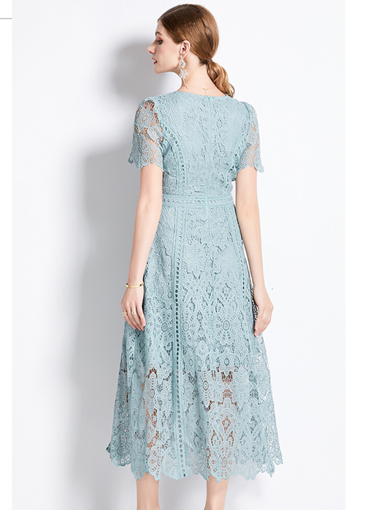 HMA Vintage High-End O-Neck Short Sleeve Lace Hollow Out Dress For Womens Summer Slim Elegant Long Dress Female Clothing