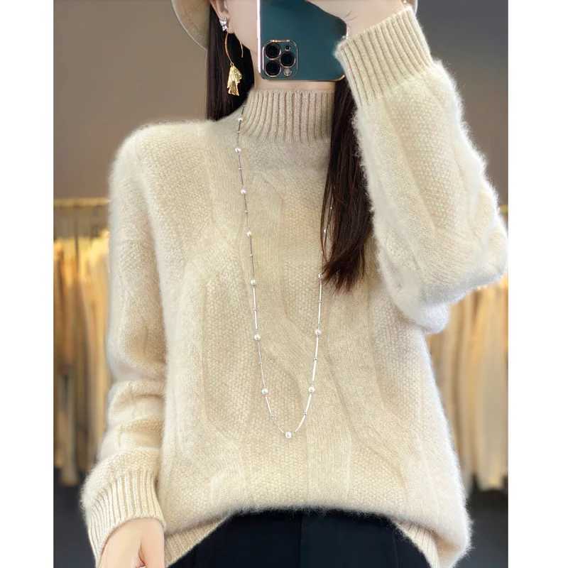 Womens pullovers fall/winter high-quality soft 100% merino wool sweater with half high neck and thick cashmere sweater top M240910