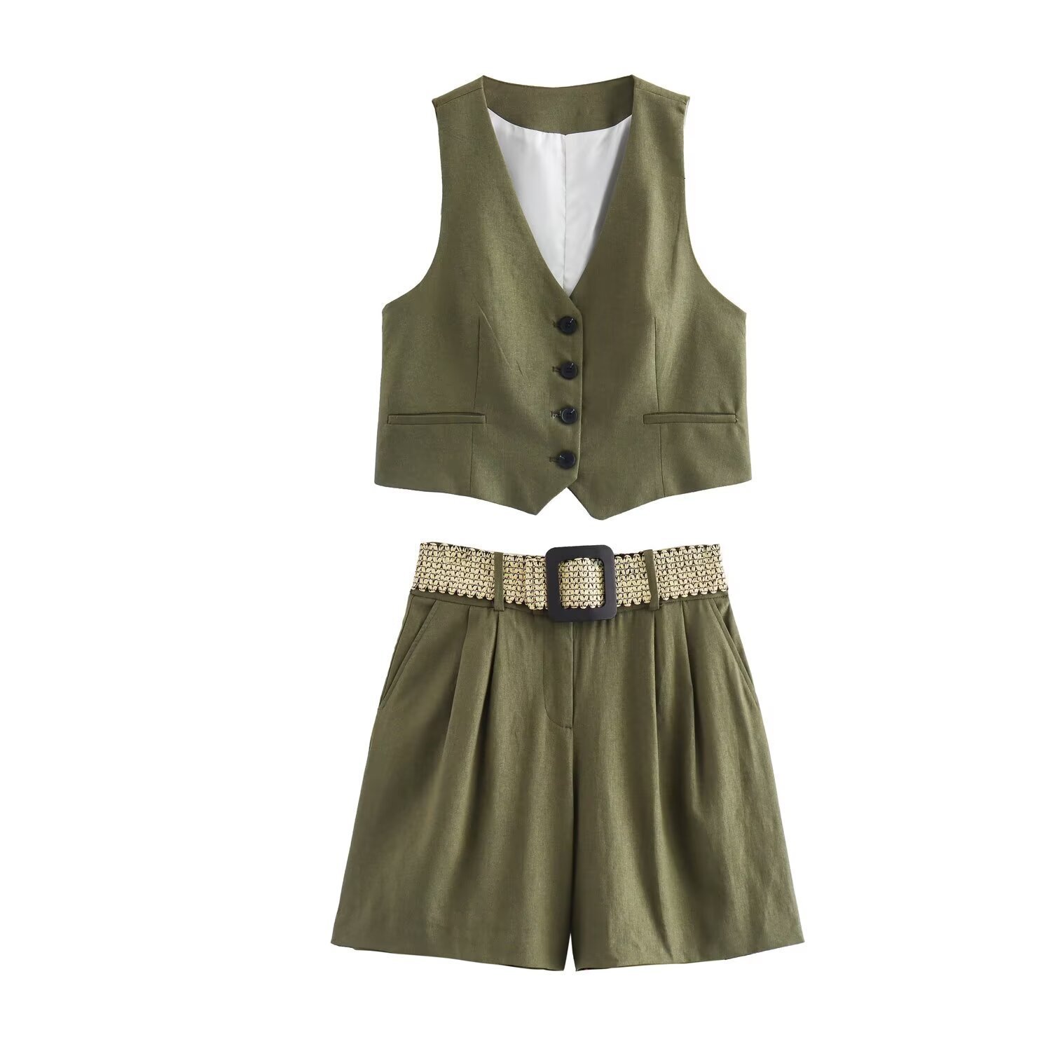 Linen Blend New Product V-neck Fashion Vest Autumn Style Womens Shorts Set Belt Matching