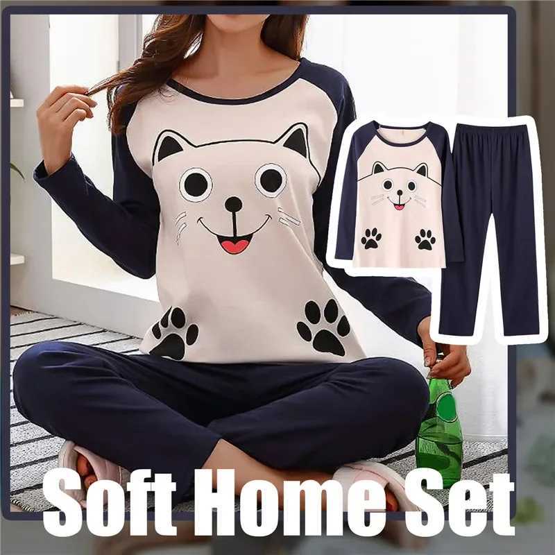 Cotton Pajamas Womens Spring and Autumn Models Long-sleeved Home Cartoon Service Womens Simple Loose Casual Suit Large SizeX2409