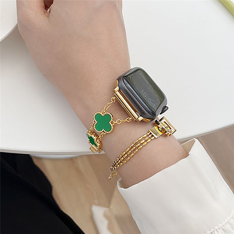 Three Leafed Clover Straps Apple Watch Band 41mm 44mm 42mm 45mm 49mm 40mm Four Leaf Lucky Bracelet for iWatch 9 8 7 6 5 4 Dressy Jewelry Stainless Ste