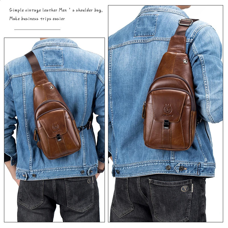SCHLATUM 100% denim leather casual fashion cross body chest bag mens leather shoulder bag multifunctional mobile phone bag 240907