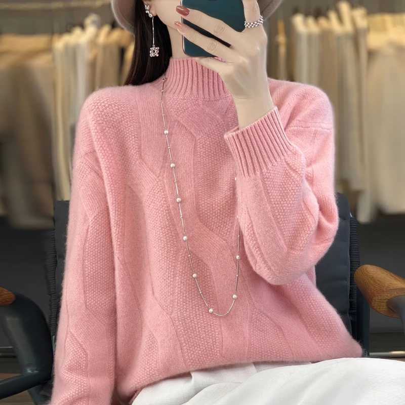 Womens pullovers fall/winter high-quality soft 100% merino wool sweater with half high neck and thick cashmere sweater top M240910