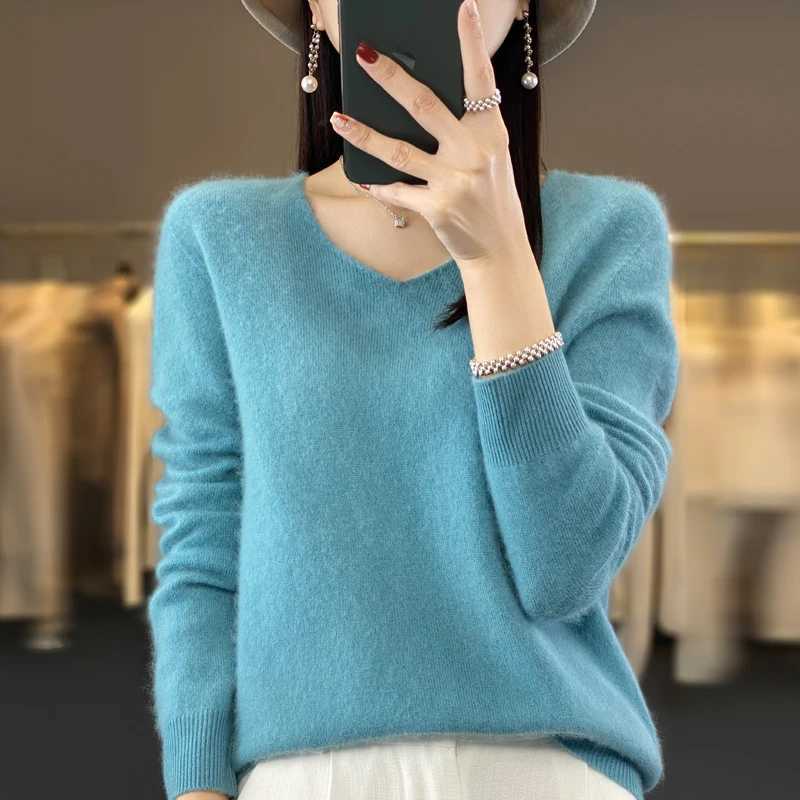 100% pure wool cashmere sweater womens V-neck pullover casual knit top autumn and winter womens coat Korean fashion M240910