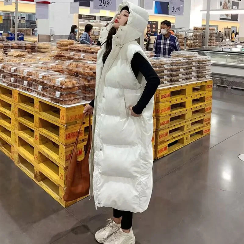 Womens winter vest hooded long jacket fashion thick warm cotton apron sleeveless womens 240910