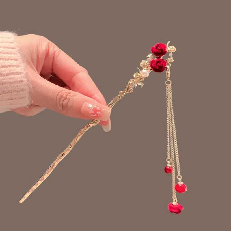 Retro Red Hair Stick Chinese Style Hanfu Tassel Women Flowers Chopsticks Alloy Hairpin Woman Jewelry Hair Clip AccessoriesX2409