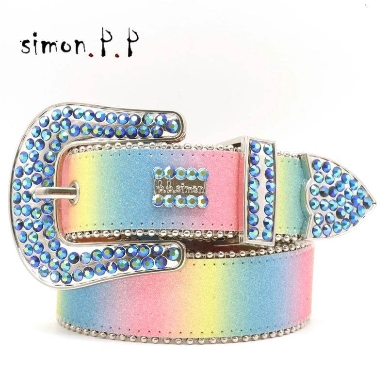 Shiny silver leather bb Simon womens belt with western rhinestone border for mens retro diamond buckle belt and denim belt 240910