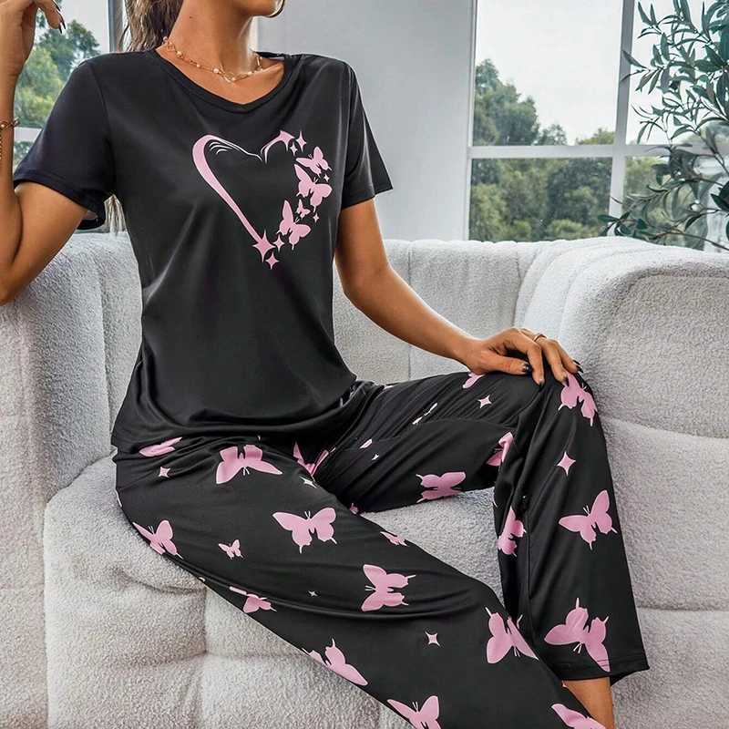 Sleeve Set Heart Crew Printed Short Pajama Butterfly Women Soft Neck Tops Elastic Waist Pants Sleepwear Loungewear NightwearX2409