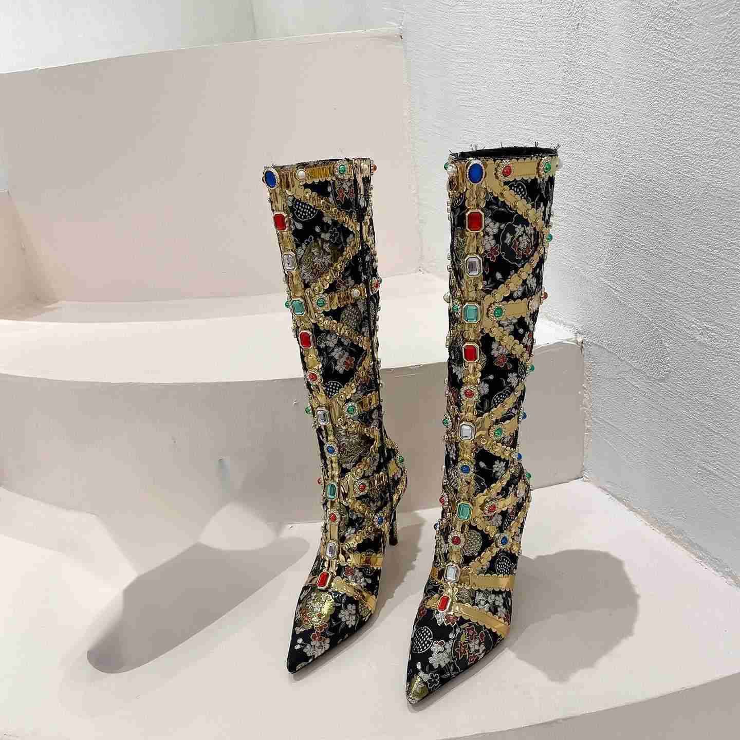 CMM Childrens Fashionable Slim Heel Heavy Handmade Womens Boots Rhinestone Ethnic Pointed High Heeled Long Tube Boots