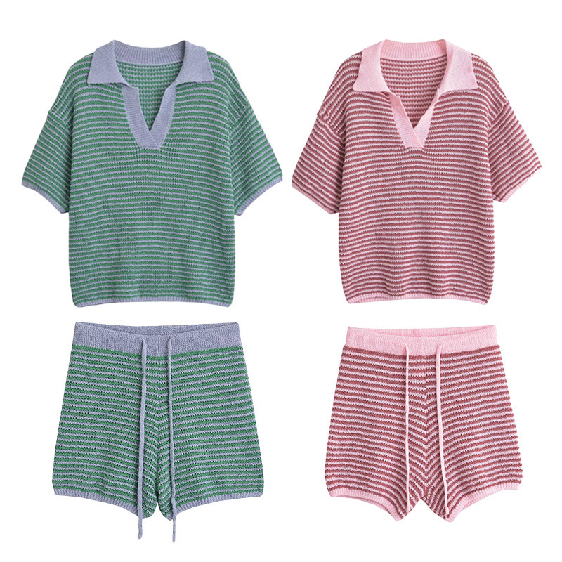 Fashion Striped Knitted Suit Autumn Womens Polo Collar Loose Top+shorts Set