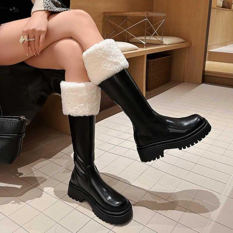 CMM Cowhide Velvet Thick Bottom Knight Boots Womens Over the Knee Boots Snow Boots Warm Cowhide Tall Boots