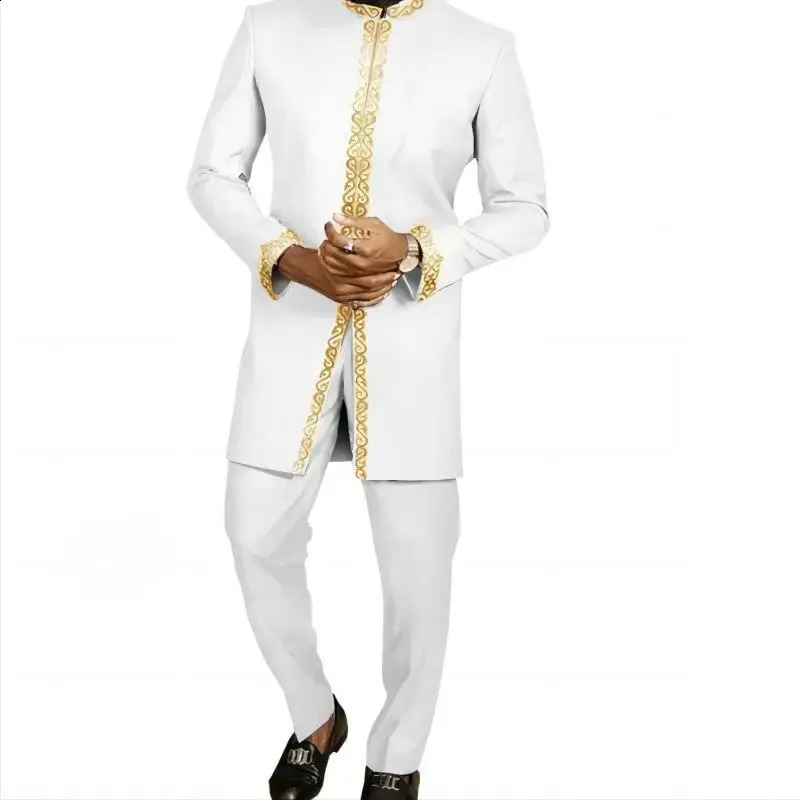 African Mens Clothing Fashion Embroidered Top And Trousers 2 Piece Set Elegant Classic Slim Party Ball Casual Beautiful Suit 240909