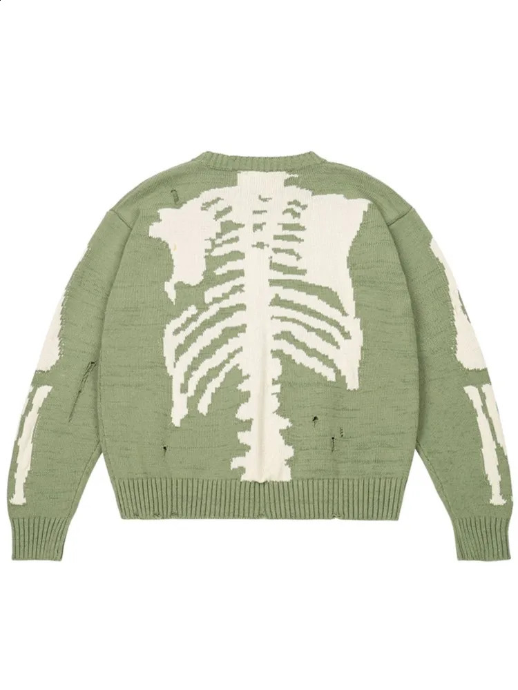 Mens oversized sweater green loose skull print womens high-quality street hole retro 1 1 knitted sweater y2k top E-girl 240911