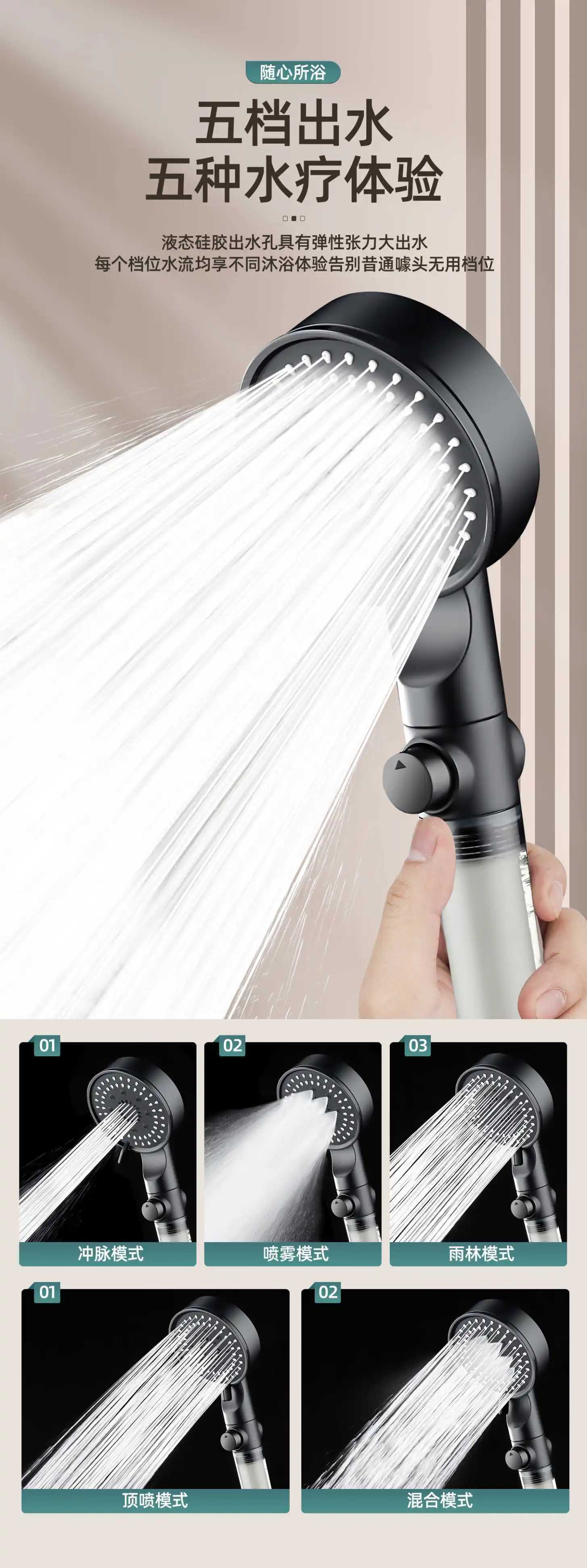High pressure shower head with 5 modes adjustable shower head equipped with hose water-saving one click stop nozzle bathroom accessories CL240911
