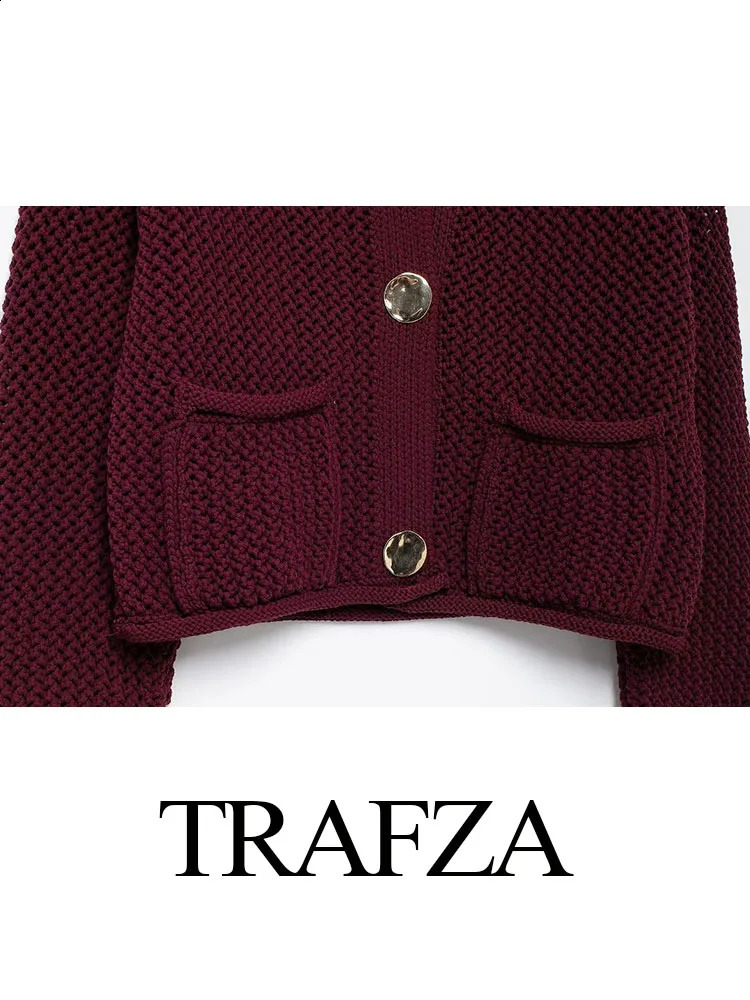 TRAFZA Womens Casual Cardigan Sweater Jacket With Pockets Wine Red Solid Metal Button Knit Autumn Trend Street