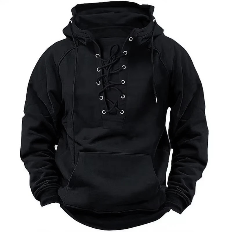 Autumn Fashion Mens Hoodie Sportswear Lace Strap Long Sleeve Loose Mens Street Clothing Retro Solid Color Hoodie 240909