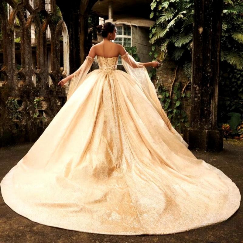 Champagne Gold Gillter Princess Quinceanera Dresses With Cape Sleeve Sweetheart Crystal Beads Tull Vestido debutante 15 anos Sweet 16 Dress