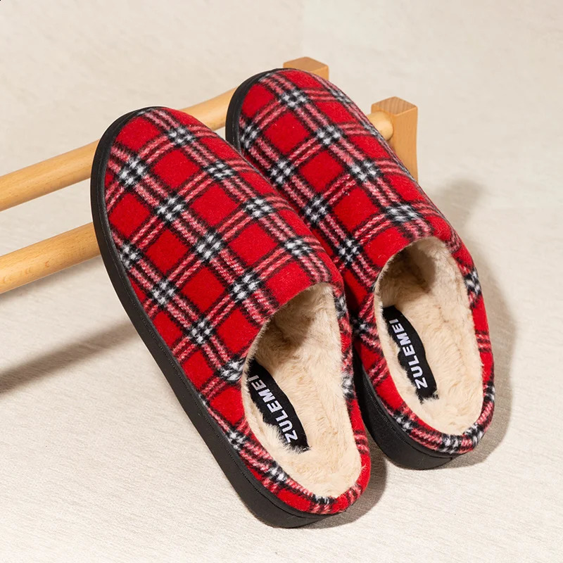 Mens Striped Warm House Fleece Cozy Non-slip Plaid Cotton Mops Couples Slippers Winter Soft Indoor Bedroom Couples Shoes 240910