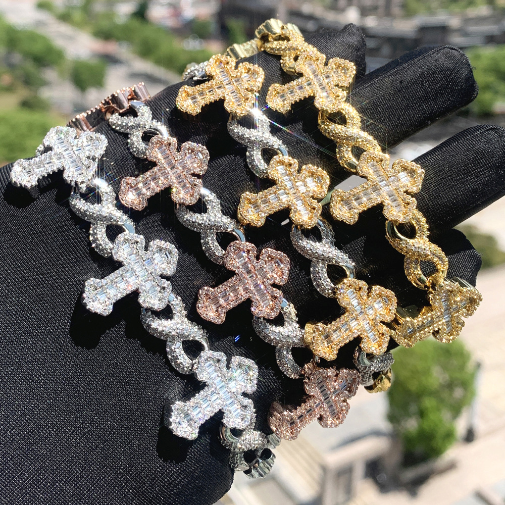 Hip Hop 8 Shape Cross Cuban Tennis Chain Bracelet TopBling Cubic Zircon Women Men Rap Jewelry