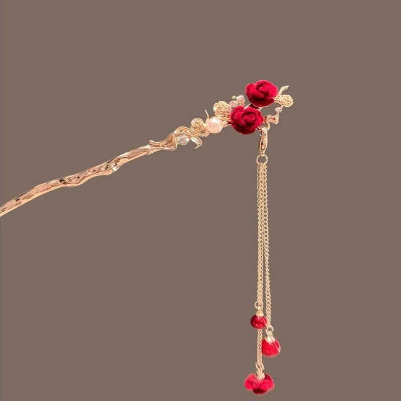 Retro Red Hair Stick Chinese Style Hanfu Tassel Women Flowers Chopsticks Alloy Hairpin Woman Jewelry Hair Clip AccessoriesX2409