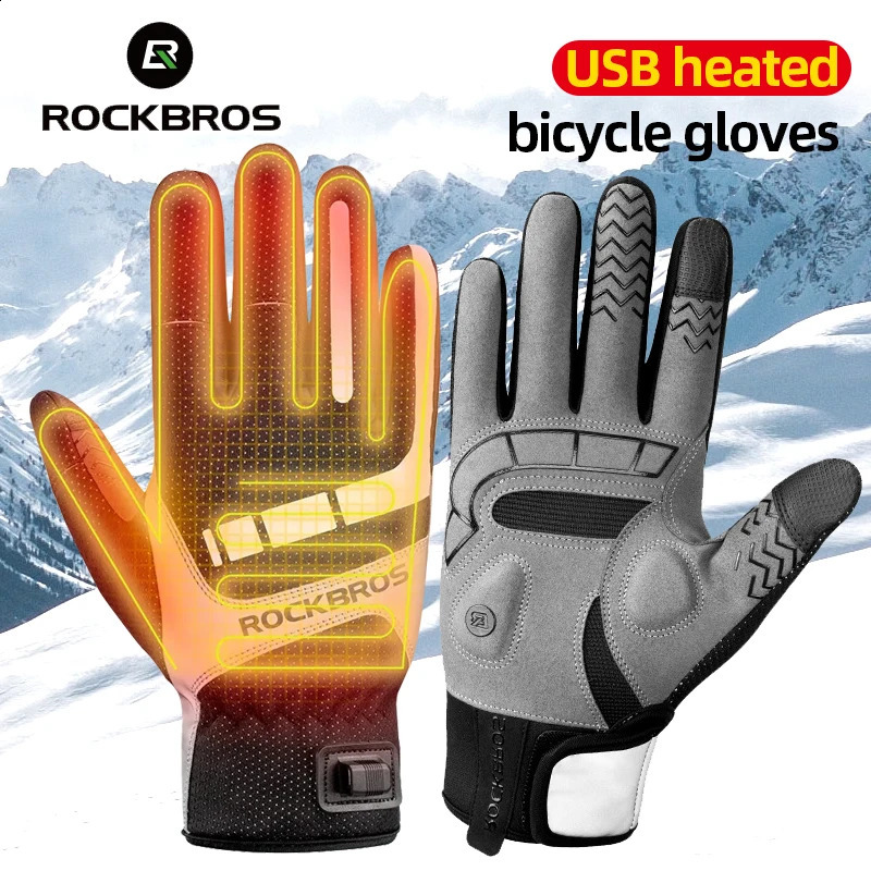 ROCKBROS Warm Mens Cycling Heated Gloves for Ski USB Rechargeable Motorcycle Gloves Full Finger Thermal Winter Glove Breathable 240906