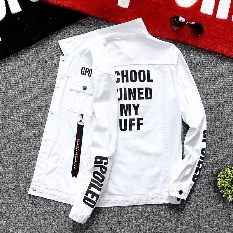 Mens Jean Coats Punk printed with a red mens denim jacket slim fit fast delivery G Korean clothing mens clothing lowest price 240906