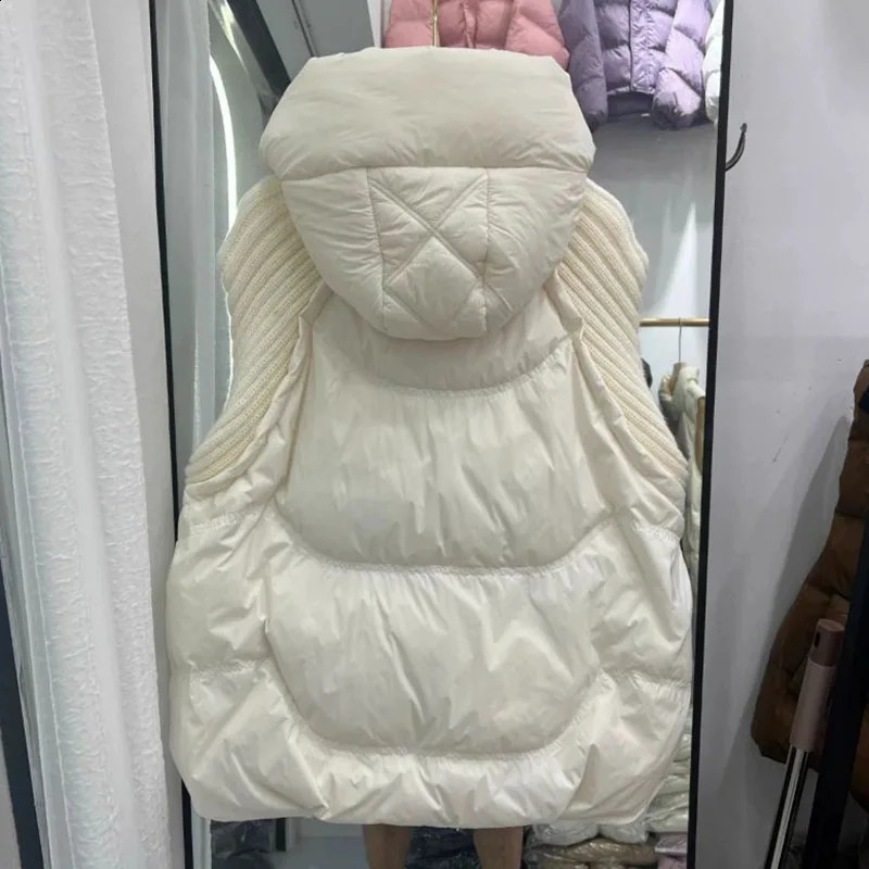 knitted spliced cotton vest jacket for womens autumn and winter fashion short sleeved sleeveless hooded sweatshirt top 240910