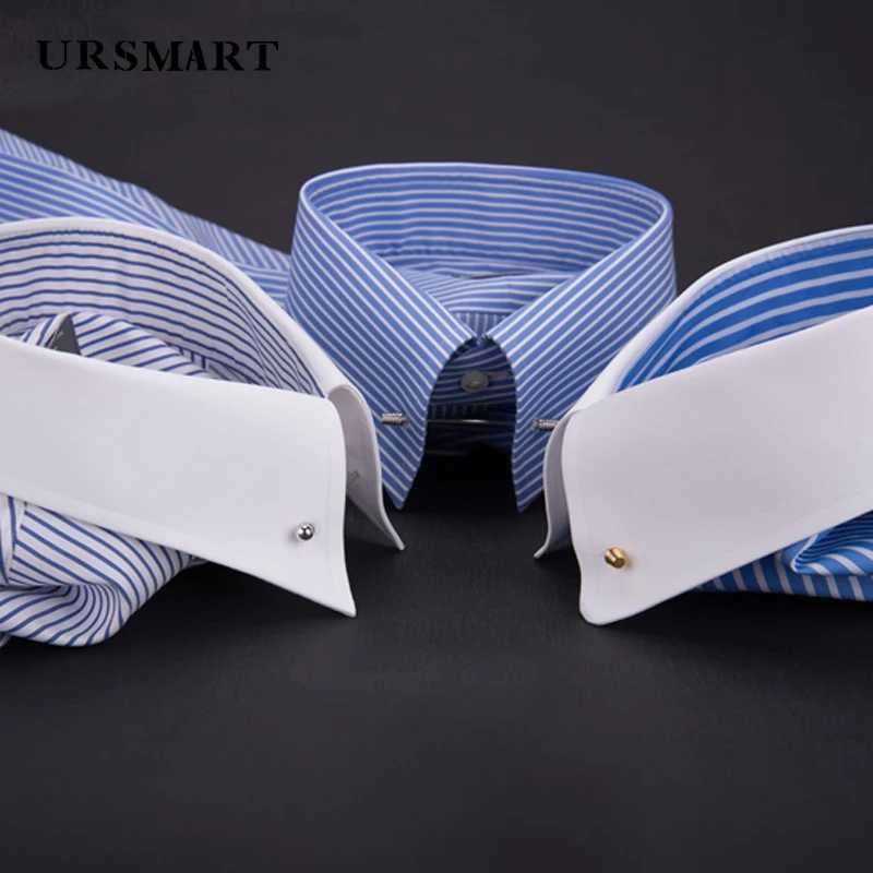 Mens 100% pure cotton empire collar long sleeved shirt - retro round neck French cuffs business attire W240911