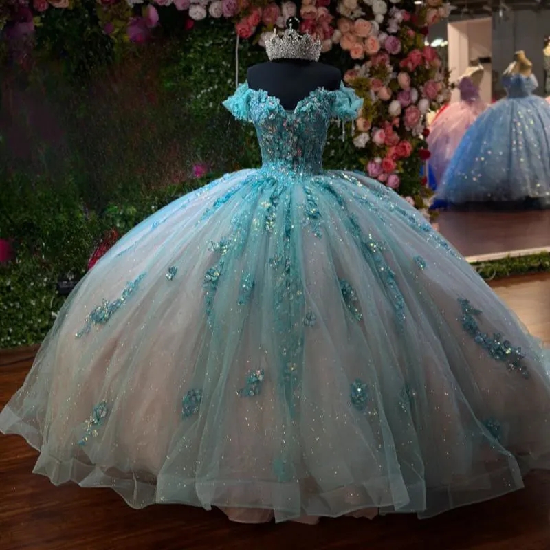 Water Blue Shiny Quinceanera Dresses Off The Shoulder Party Gown Applique Lace Beads Tull Princess Sweet 16 Dress Vestidos De XV 15 Anos