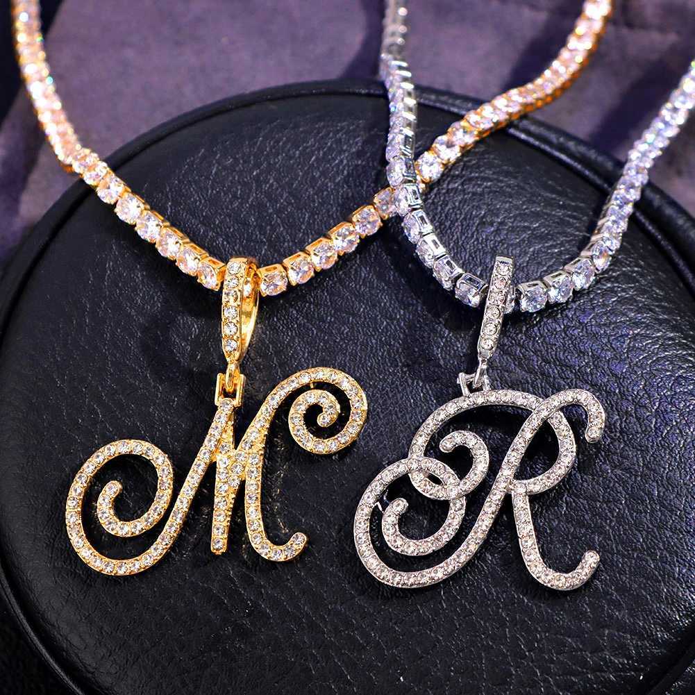 Bling Crystal Initial Cursive Letters Pendant Zircon Necklace For Women Men Stainl Steel Cuban Chain Necklace Hip Hop JewelryXJ241227