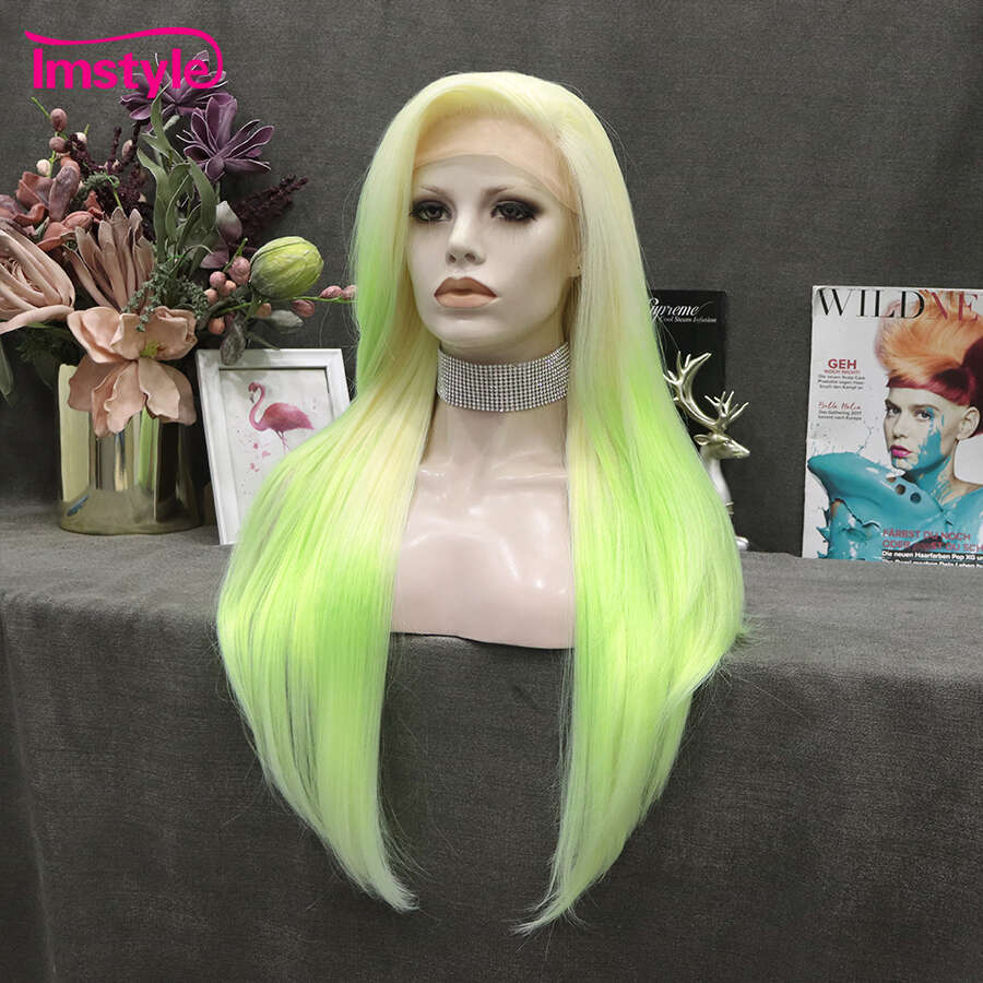 Imstyle Ombre Synthetic Front Light Green For Women Straight Hair Lace Wigs Party Wig High Temperature
