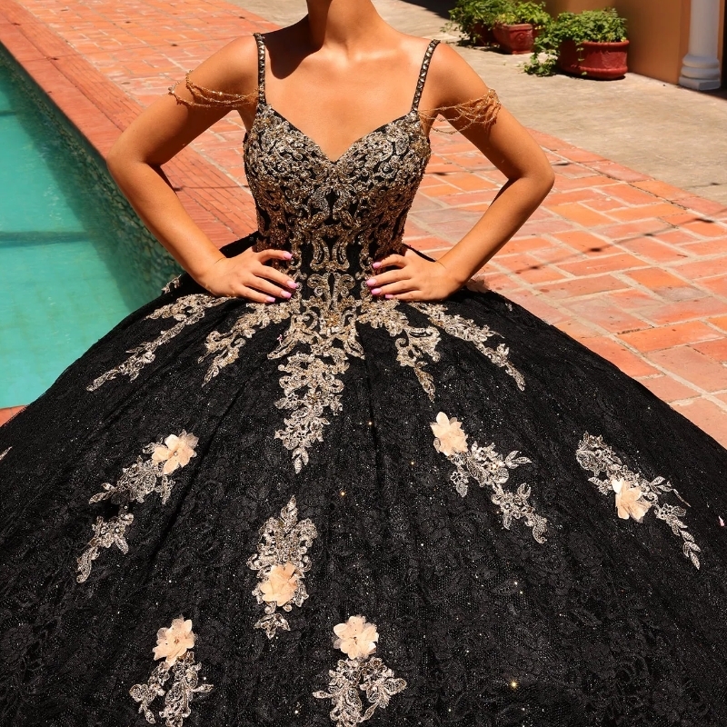 Black Shiny Mexican Quinceanera Dressess Spaghetti Strap Applique wer Tull vestido 15 quinceaneras Corset Prom Lace Up