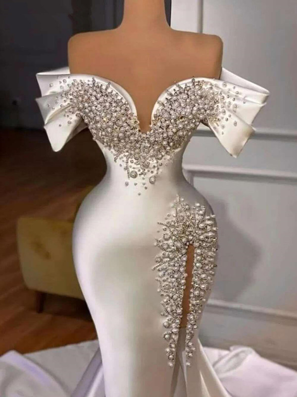 Elegant Satin Mermaid Long Wedding Dresses Off Shoulder High Side Split Court Train Sexy Dress vestidos de novia BC19177 0911