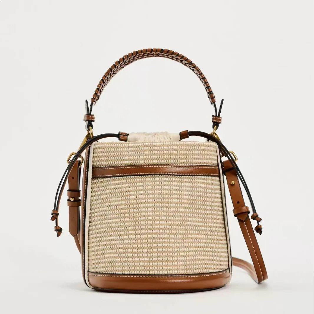 Fashion straw bucket bag woven womens handbag ner panel shoulder cross body casual summer beach small 240910