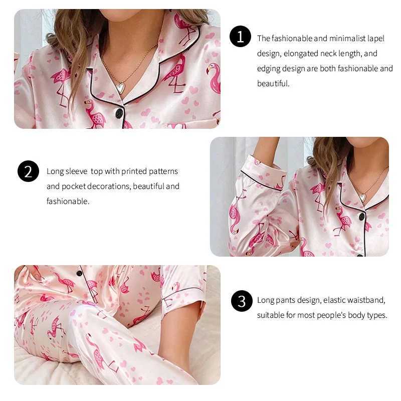 Womens Satin Pajamas Flamingo Print Pyjama Femme Casual Home Clothing Autumn Lapel Collar Button Tops Pants Sleepwear 2 PieceX240910
