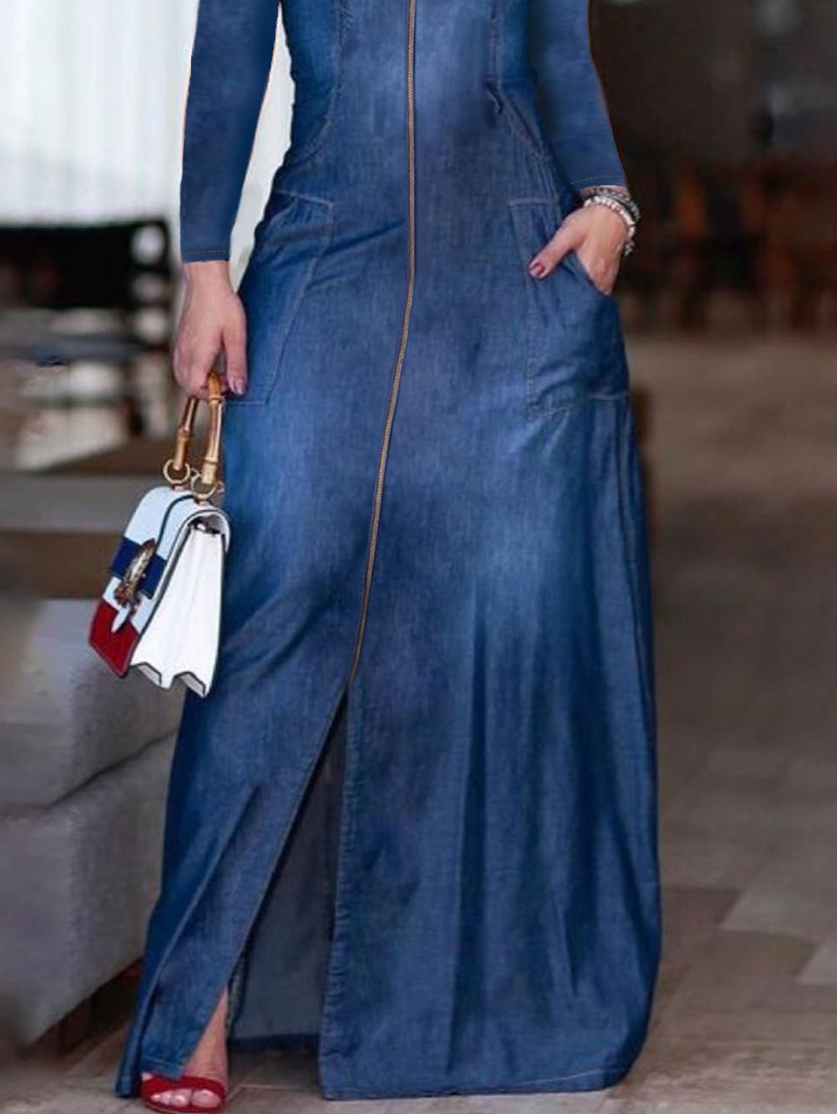 Dress for Women Autumn Korean Fashion Vintage Denim Dress A-line Long Sleeve Button Zipper Pocket Maxi Dress Lady Clothing