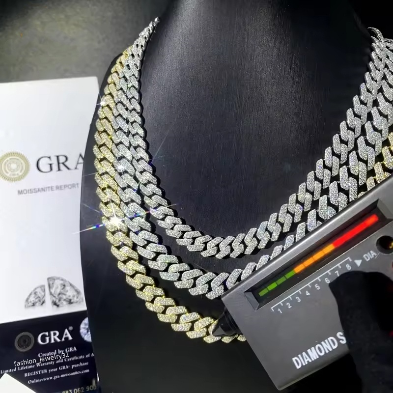 fashion Cuban link chain bracelet designer necklace sterg sier GRA Certificate hip hop 15mm double row iced out moissanite chains diamond cuban link with box