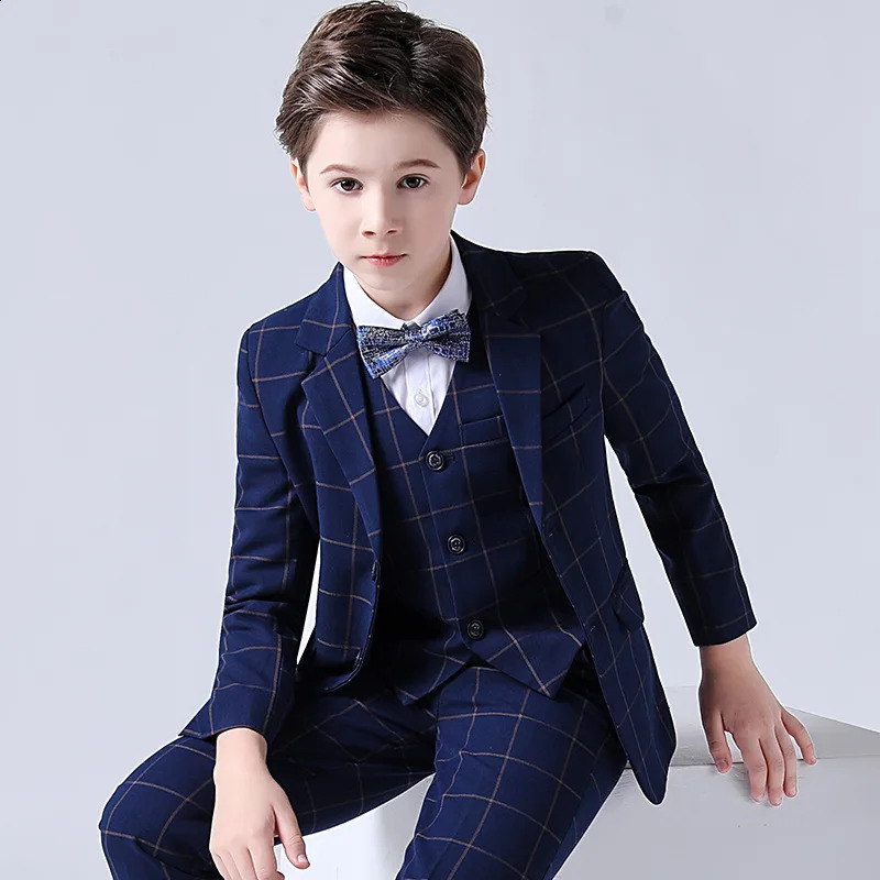 Spring Big Boys Top Quality Plaid Wedding Suit Teenager Kid Formal Tuxedo Bowtie Dress Children Blazer Party Performance Costume 250410