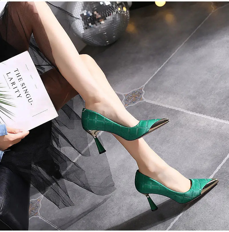 Woman Pink Pumps Metal Pointed Stiletto Shallow Mouth Single Shoes High Heels Women Green Party Shoes 240910