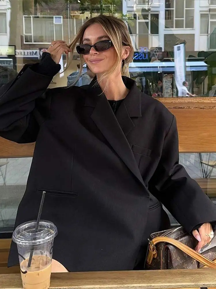 Women's Elegant Lapel Suit Jacket, Casual Loose Long Sleeve Office Blazer, Style B4