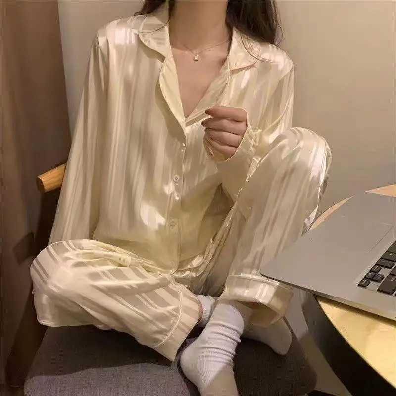 Spwear Ladies Spring and Summer Ice Silk Girls Homewear Long-Sved Trousers Silation Silk Green Striped Pajamas SetXJ250220