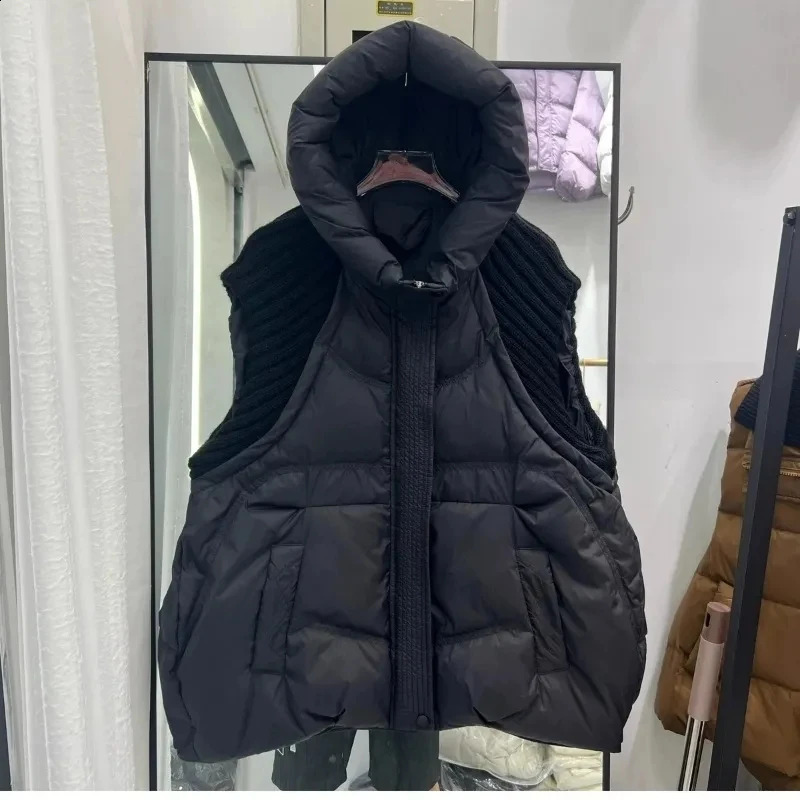 knitted spliced cotton vest jacket for womens autumn and winter fashion short sleeved sleeveless hooded sweatshirt top 240910