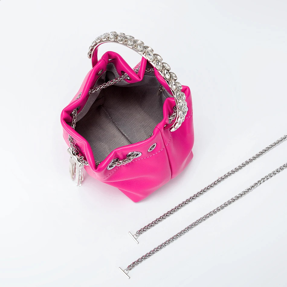 Crystal metal ring handbag for women y tassel satin bucket cross body bag colorful bead wallet wedding party 240910