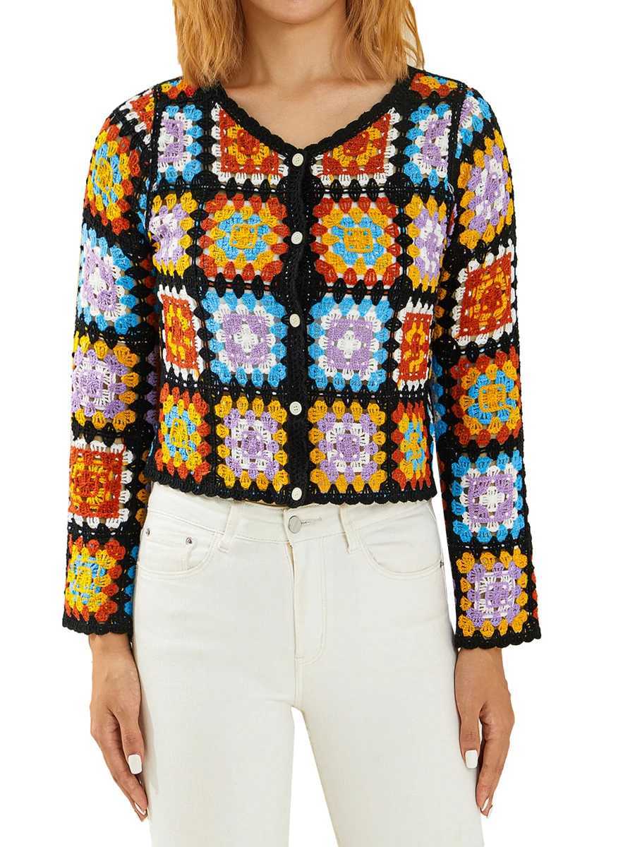 Women s Y2k Crochet Knit Cardigan Long Sleeve Floral Boho Pullover Sweater Button Down Jumper Top M240910