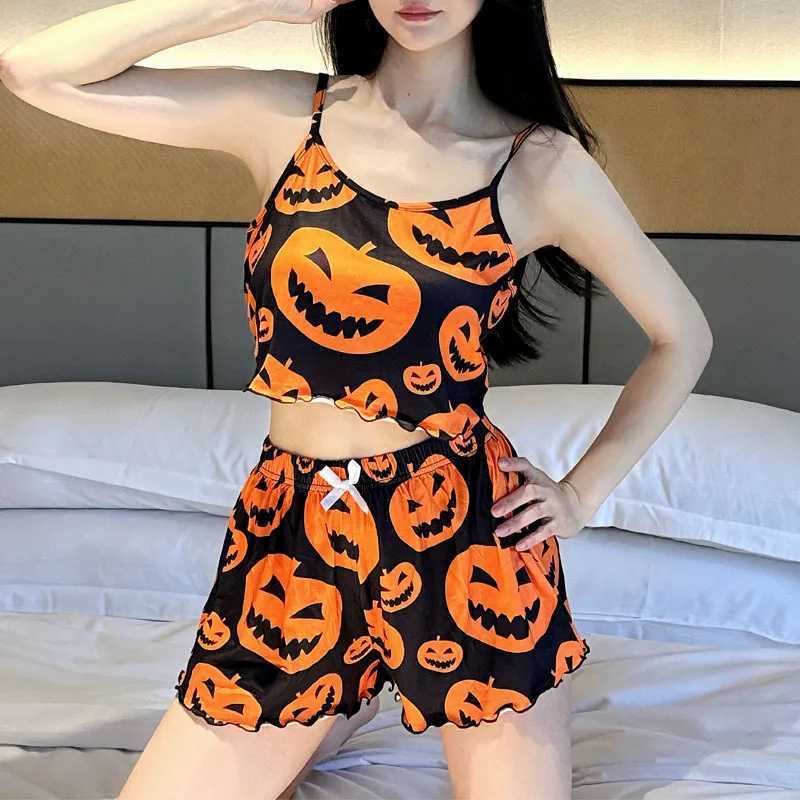 Halloween Pumpkin Women Pajama Set Sleeveless Lettuce Trim Crop Top Elastic Waist Shorts 2 Pieces Female Sleepwear NightwearX240910